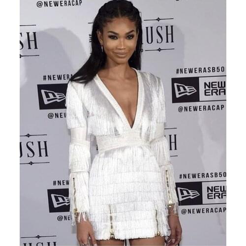 New Bandage Dress 2020 Long Sleeves White Black Red Tassels Zipper V Neck Bodycon Dress Elegant Celebrity Night Club Party Dress