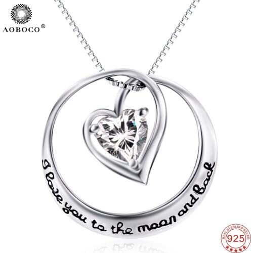 AOBOCO 925 Sterling Silver Crystal Pendants Necklaces Choker I Love You To The Moon And Back Necklace Jewery For Women GNX0498