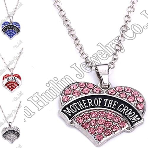 Rhodium plated studded with sparkling crystals MATRON OF HONOR/MOM/MOTHER OF THE BRIDE/MOTHER OF THE GROOMheart pendant necklace