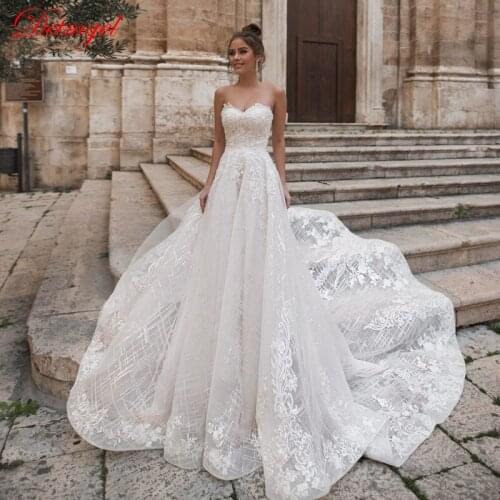 Detmgel Luxurio Sweetheart Neck Champagne Lace A-Line Wedding Dresses 2021Customizable Chapel Train Handmade Wedding Gown