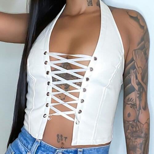 Sexy Womens Sleeveless Vest Solid Color Halter Bandage Lace Up Chest Hollow Out PU Leather Tops For Female Size S-L New