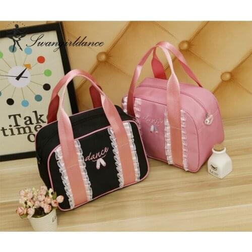 Girls Black Pink Ballet Bag Toddler Cute Dance Bags Pointe Shoe Embroidered Lace Ballet Dancing Bags for ChildrenAS8640