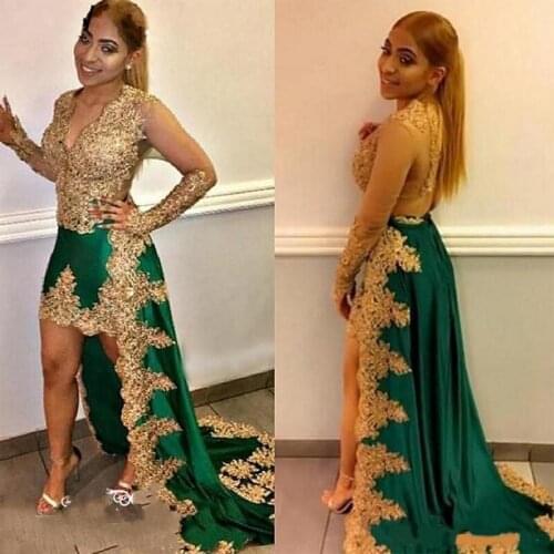 Gorgeous Green And Gold Lace Applique Evening Party Dresses Gowns 2020 Deep V-neck Poet Long Sleeve High Low Prom Dress Cheap Fo