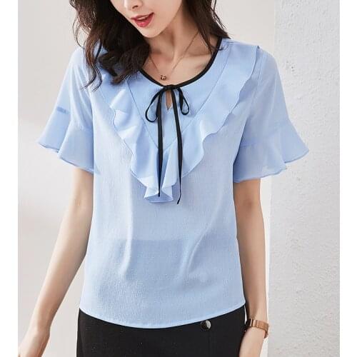 Women Spring Summer Style Chiffon Blouses Shirts Lady Casual Short Lotus sleeve Bow Tie Collar Tops