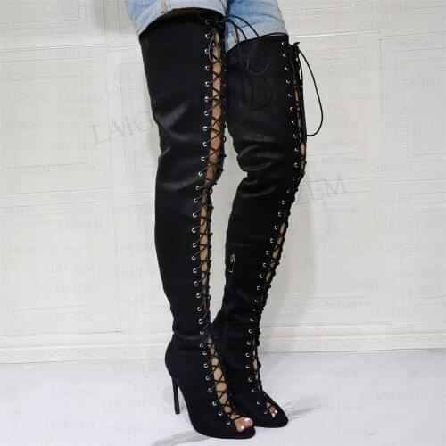 SEIIHEM Women Over Knee High Boots Faux Suede Peep Toe Thin High Heels Wide Calf Friendly Boots Shoes Woman Big Size 41 43 48 52