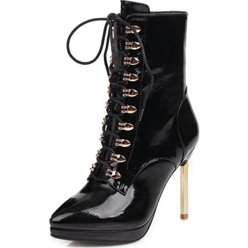 Autumn winter Genuine leather women Chelsea boots Lace-up fashion boots Metal stiletto 11cm heels Cow leather boots Women shoes