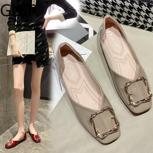 Metal buckle shallow flats solid soft bottom roll-up shoes woman comfy casual non-slip loafers square toe brief femme moccasins