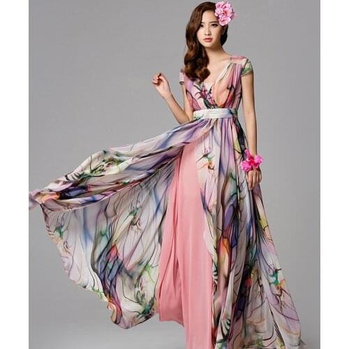 High Quality 2017 New Spring Summer Female Flower Print Long Maxi Dress Women High Waist Floor Length Slim Chiffon Dress Vestido