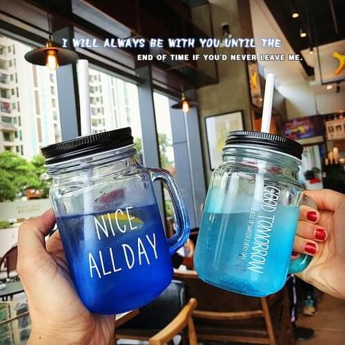 450ml Gradient Color Glass Cup Cute Mason Jar Cups With Straw and Lids Summer Transparent Fruit Juice Cool Drink Water Bottle