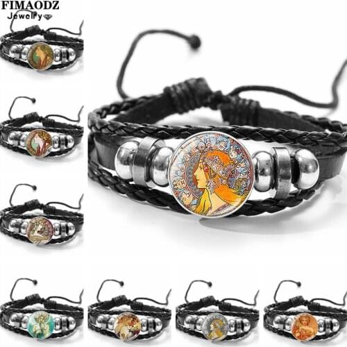 FIMAODZ Alphonse Mucha Poster Bracelet Beauty Women Art Glass Photo Handmade Woven Leather Bracelets Bangles