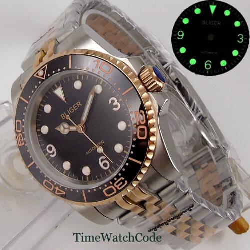 Golden color plated mens watch genuine NH35A Miyota8215 movement black dial jubilee bracelet date sapphire glass mechanical