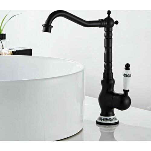 Black Color Brass Deck Mount Bathroom Kitchen Faucet Single Handle 360 Rotate Basin Sink Mixer Taps