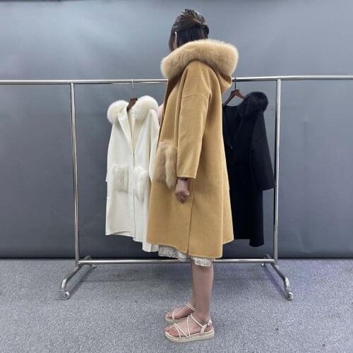 Fashion Womens Loose Pocket Wool Coat Winter Hooded Woolen Cashmere Cotton Coats