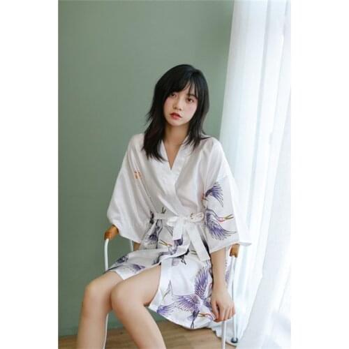 Kimono Cardigan Woman Japanese Style Crane Ukiyo-e Haori Silk Satin Yukata Dress Pajamas Nightgown Bathrobe Korean Clothes