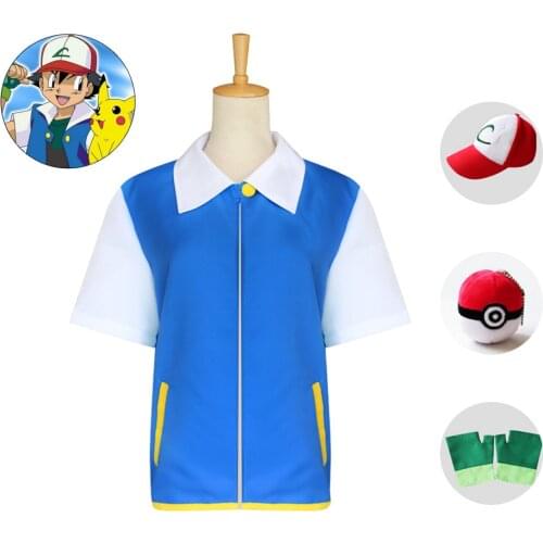 Ash Ketchum Cosplay Costume Anime Top Hat Gloves Adult Kids Boy Men Halloween Funny Shirt