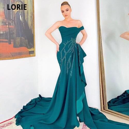 LORIE Navy Blue One Shoulder Evening Dresses Beaded Mermaid Prom Formal Party Second Reception Gowns Arabic Aso Ebi Plus Size