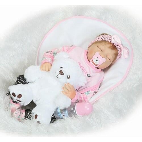 Lovely 22" sleeping girl doll reborn with bear plush doll soft cloth body silicone reborn baby dolls bebe real reborn bonecas