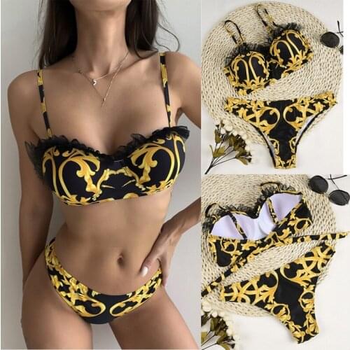 Lace Ruffle Frilly Push Up Bikini Set Swimsuit Female Swimwear Women 2-Pieces Bra Cup Bathing Suit Swim