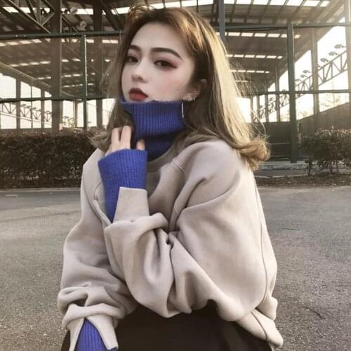 Autumn Winter Korean Womens Clothing Runaway Harajuku Oversize Hoodies High Collar Long Sleeve Loose Top Sweatshirt Pullover