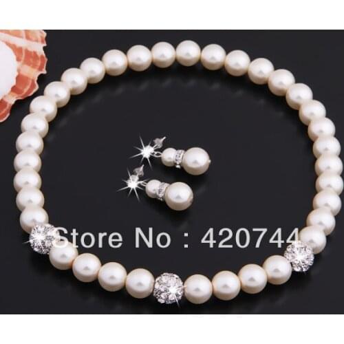 3Sets White Faux Pearl Ball Beads Rhinestone Necklace + Stud Earrings 0.47"
