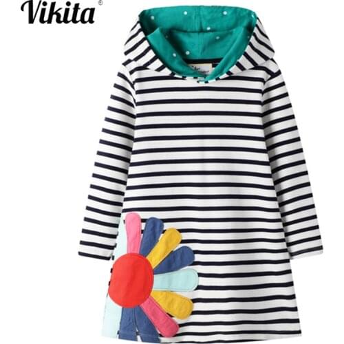 VIKITA Girls Flower Embroidery Dress Girl Hoodies Dress for Children Tops Clothes Autumn Winter Kids Long Sleeve Hoody Dresses