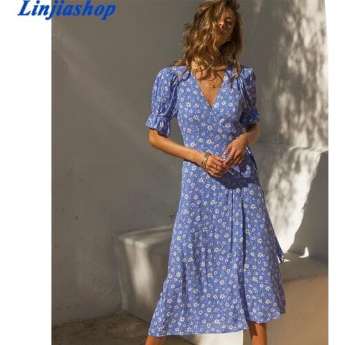 Summer V Neck Wrap Midi Dress Sexy Daisy Print Purple Vestidos Retro Short Flare Sleeve Dresses Vintage Dress