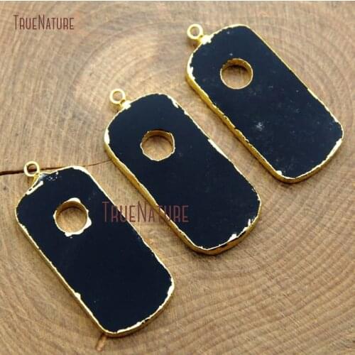 High Quality Black Obsidian Rectangle Shape Pendant Gold Electroplated O Shape Charm Jewelry Findings In 29*14 mm PM9877