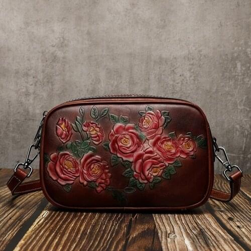 Retro Handmade Embossed Flower Women Bag Genuine Leather Crossbody Bags 2021 Spring Versatile Nature Cowhide Small Shoulder Bags