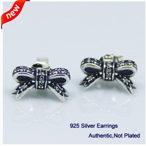 Compatible With European Jewelry Sparkling bow Stud Earrings With CZ New 100% 925 Sterling Silver Jewelry DIY Wholesale FLE005