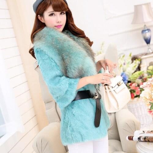 New genuine natural whole skin rabbit fur coat with big raccoon fur collar Three Quarter Sleeve real long full pelt fur jacket