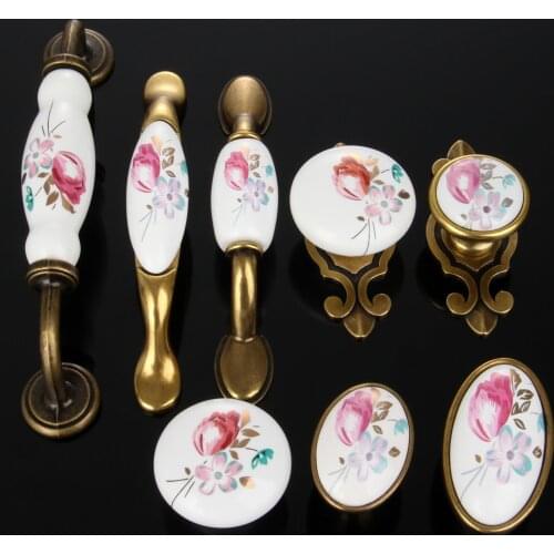 Vintage Ceramic Knob Metal Retro Handle Pull Button Ceramic Cabinet Chinese Flower furniture Hardware 74mm-153mm Single/double