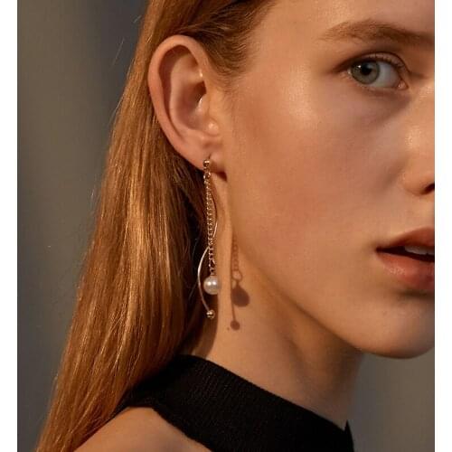 Imitation Pearl Hanging Pendant Earrings for Women Gold Color Long Tassel Wave Chain Earrings Geometric Fashion Jewelry Brincos