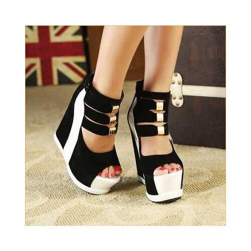 Woman Shoes 2021 Summer Genuine Women Platform Thick Soles Sandals Wedges High Heel 14cm Peep Toe Mixed Colors Sexy Shoes
