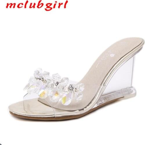 Mclubgirl 2021 Women Crystal Slipper Wedge Sandals Female Sexy Crystal Transparent High Heels Rhinestone Wedge Sandals LFD