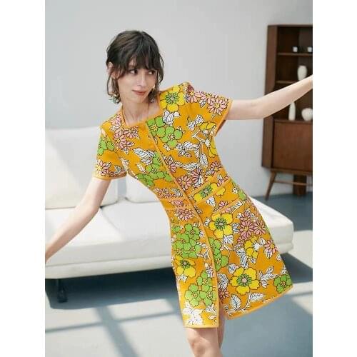 Women Dresses Summer Mini Square Collar Short Sleeve Print Floral Prairie Chic Elegant High Street New Fashion Top