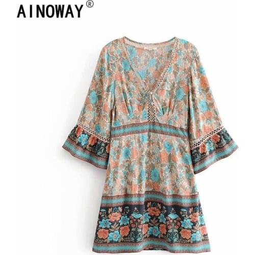 Vintage chic women hippie purple floral print deep V-neck Bohemian mini dress Summer ladies flare sleeve Boho dresses vestidos