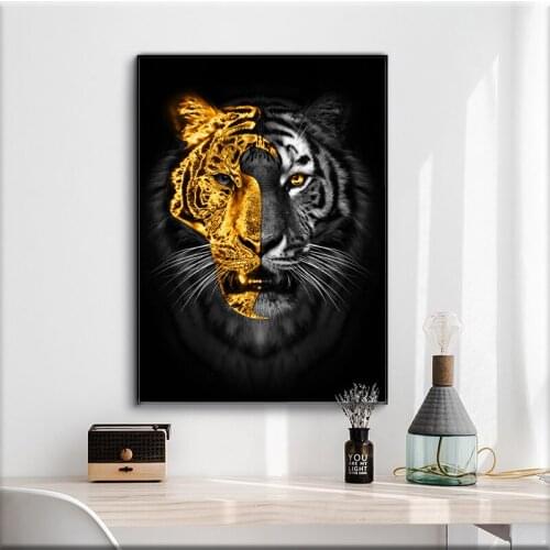 Animals Art Gold Black Tiger Paintings on Canvas Wall Pictures for Living Room Decor Wall Art Canvas Posters Prints Home Cuadros