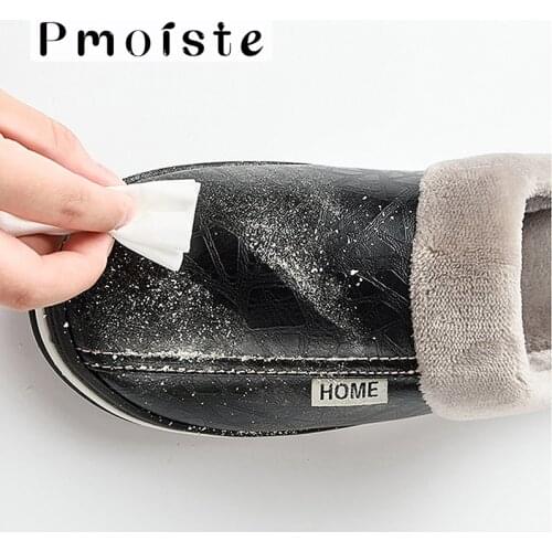Winter home slippers men plush Leather Indoor slippers waterproof plus size 11.5-15 anti dirty warm slippers house non-slip