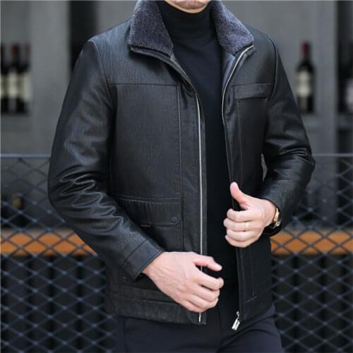 Winter Haining leather down jacket leather mens sheep leather jacket plus velvet thick middle-aged short jacket