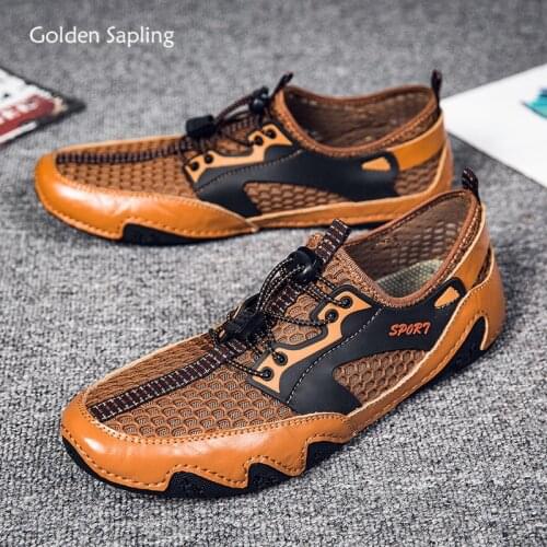 Golden Sapling Outdoor Mens Casual Shoes Breathable Summer Trekking Flats Genuine Leather Retro Men Loafers New Tactical Shoes