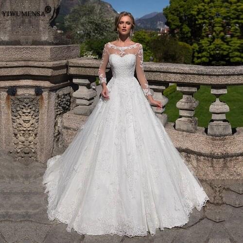 Boho Country Tulle Long Sleeves Appliques Lace Up Wedding Dresses 2020 Scoop Neck Sweep Train Bridal Gown Custom Made For Women