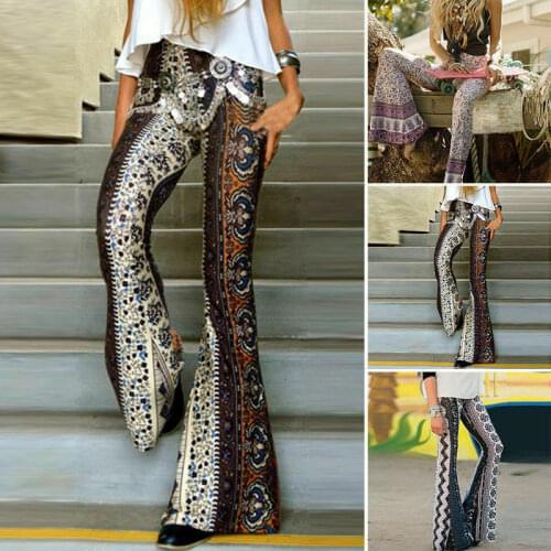 Women Boho Hippie High Waisted Wide Leg Flared Bell Bottom Pant Fashion Casual Loose Soft Lady Print Beachwear Homewear Pants