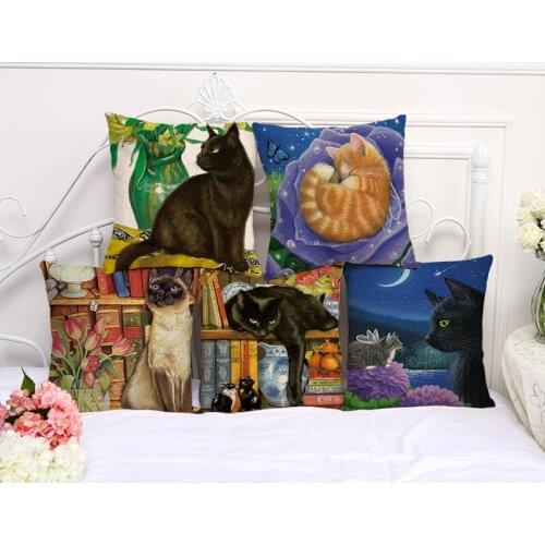 Decorative Pillow Case Animal Cat Painting Print Pillowcase 17.5 Inches Cotton Linen Chair Seat Throw Pillow Cover A1102