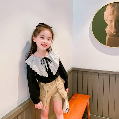 DFXD Kids Girls Blouses Shirt 2020 Autumn New Fashion Lace Big Turn Down Collar Tops Princess Outfit Girl Back Buttons Shirts