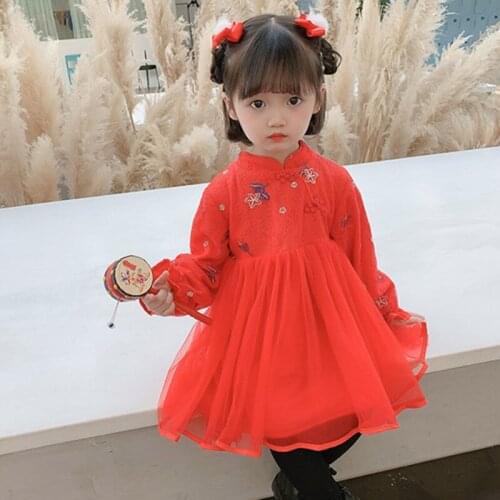 DFXD Toddler Dress 2020 Winter New Girl Long Sleeve Fleece Thick Lace Embroidery Cheongsam Princess Dress Ball Gown Kids Costume