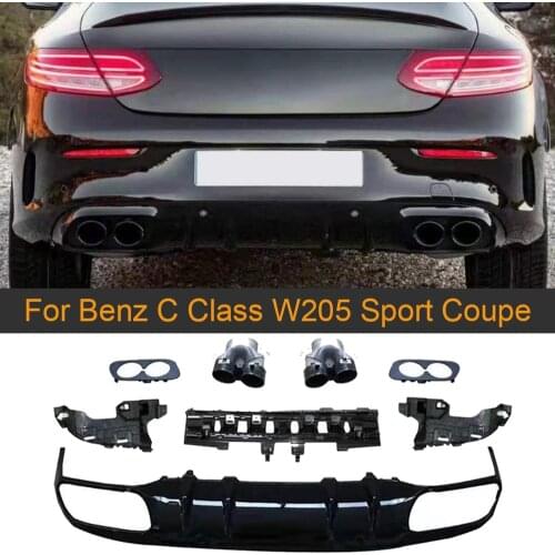 PP Rear Diffuser for Mercedes Benz C Class W205 Sport Coupe 2 Door 2015-2019 Rear Bumper Diffuser Lip Spoiler with Exhaust Tips