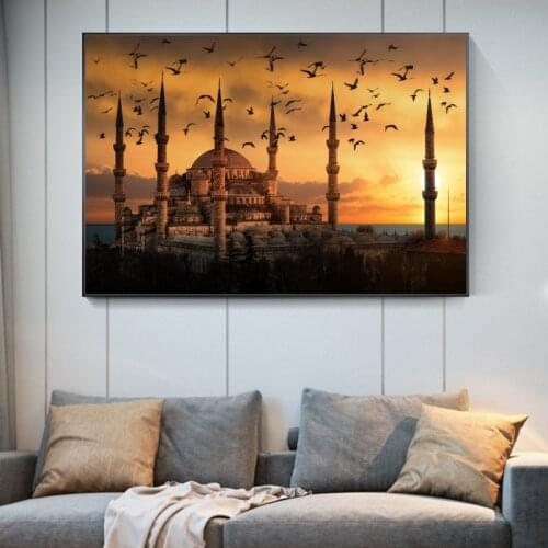 Islamic Landscape Sunset View Canvas Painting Muslim Mosque Poster Print Wall Art Picture for Living Room Home Wall Decor Cuadro