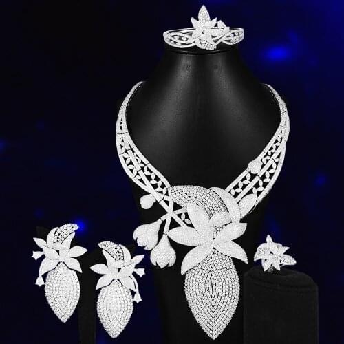 KellyBola Jewelry Luxury Narcissus African Dubai Bridal Necklace Earrings Bangle Ring Sets Fashion Jewelry Womens Bijoux Femme