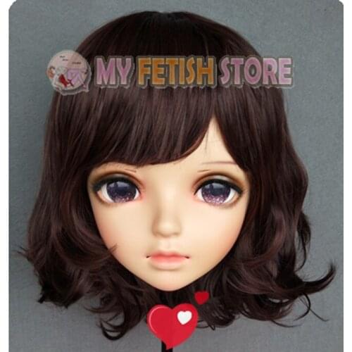Miao-1)Female Sweet Girl Resin Half Head Kigurumi BJD Eyes Crossdress Cosplay Japanese Anime Role Lolita Mask With Eyes And Wig
