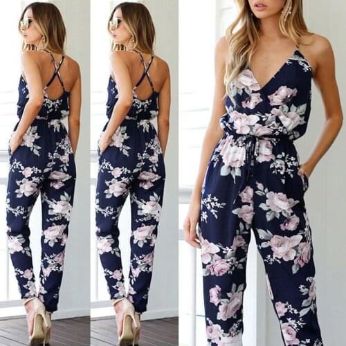 Fashion Women Summer V neck Floral Print Spaghetti Strap Playsuit Bodycon Party Long Jumpsuit Romper Trousers Blue Jumpsuits